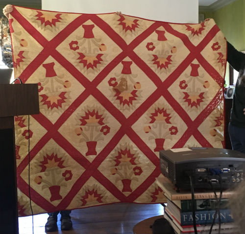 A completely washed out version of the same Polk’s Fancy pattern except that it has red sashing between the blocks which are set on point and would have been beautifully bold