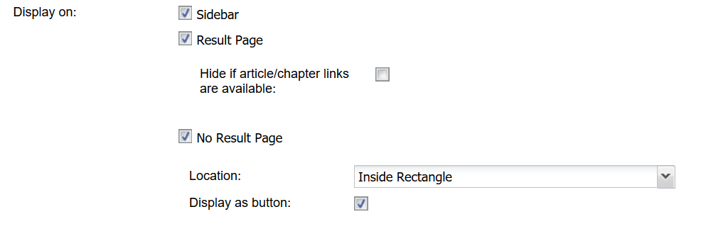 in display on, display on no result page, location chosen as inside rectangle, display as button is checked