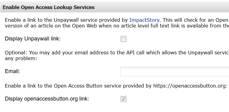 under Enable Open Access Lookup Services, the checkbox for Display openaccessbutton.org link is ticked