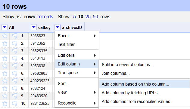 A screenshot of the function to select a column, choos edit column, and add column based on this column in the same spreadsheet using archivesID