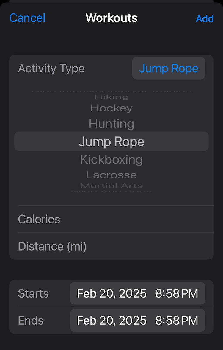 Apple workout entry form showing activities like Hockey, Hunting, Jump Rope, Kickboxing, Lacross and it just wants activity, calories, and distance fields along with start and edd time