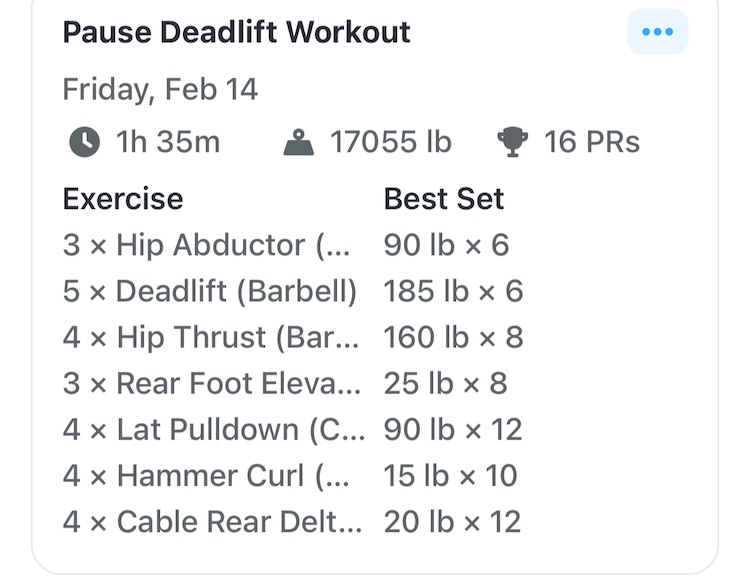 Screenshot of a Strong summary for my February 14th workout. I worked out for an hour and 35 minutes. I moved 17,055lbs. I did 7 powerlifting and accessory exercises ranging from 15lb hammer curls to 185lb pause deadlifts.