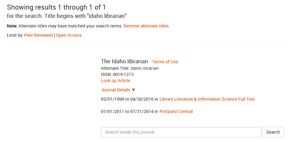 A screenshot of the EJS Portal page showing the Idaho Librarian holdings as described in the text above