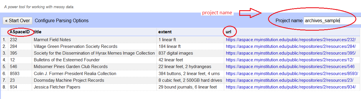 A screenshot of the process of creating an OpenRefine project. Red circles highlight the project name in the upper right corner and the titles of the two most important columns
