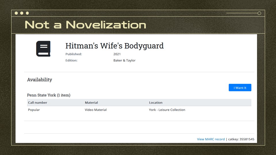 Screenshot of a catalog record for the Hitman’s Wife’s Bodyguard but the icon is a book, not a DVD or video