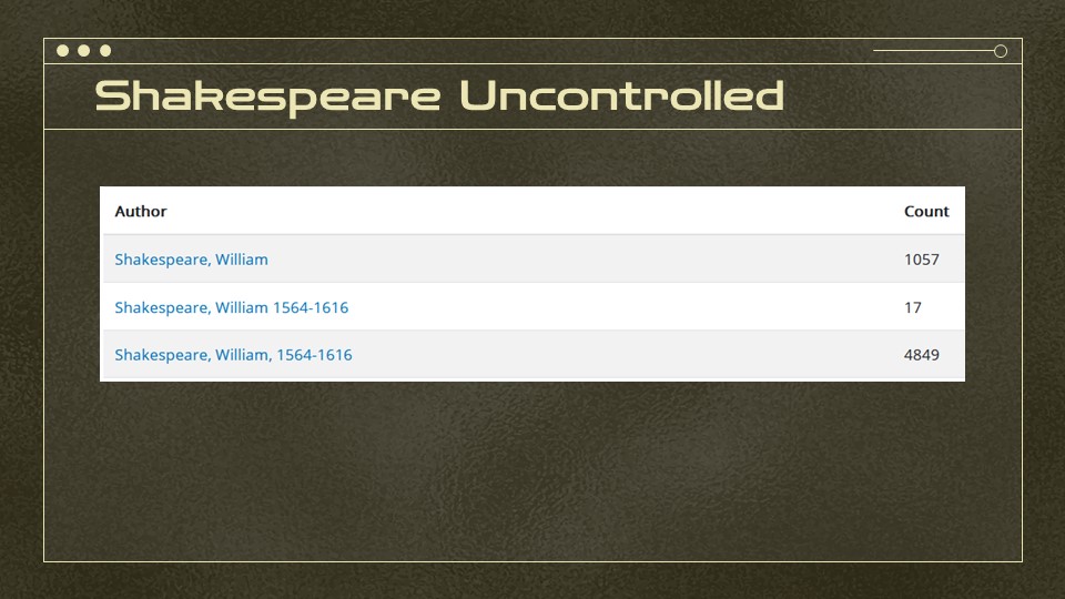 A screenshot of browse search results showing three different forms of Shakespeare’s name