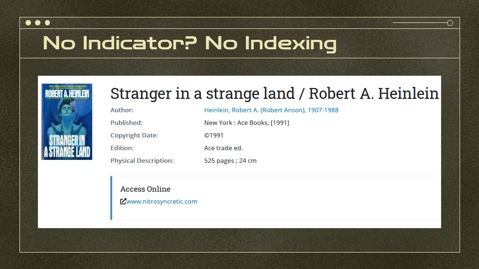 A screenshot of the catalog record for Stranger in a Strange Land but the link on it is going to a random-looking, not a normal electronic record URL