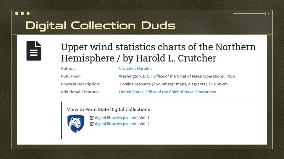 A screenshot of a catalog record with a nice, pretty digital collections link which uses Penn State’s lion shielf