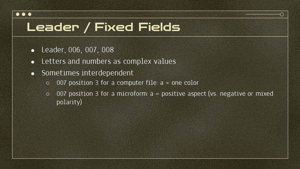 Slide listing the fields: Leader, 006, 007, 008 and summarizing the content of subsequent paragraphs in bullet points.