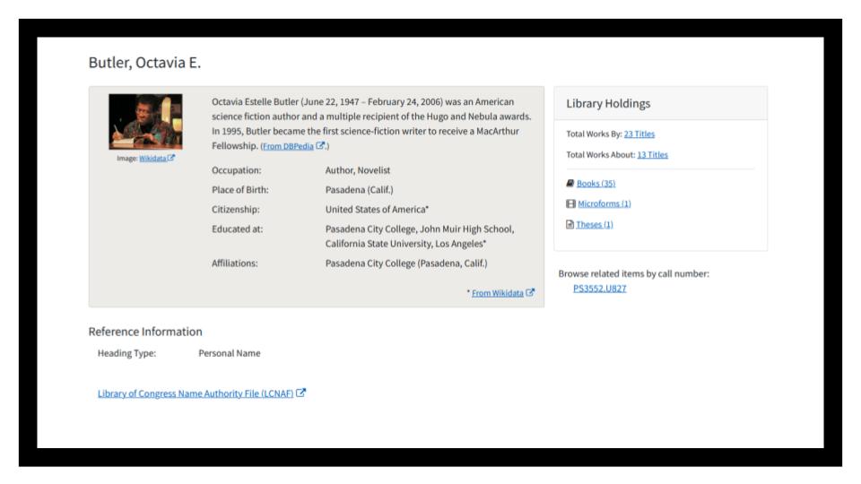 A screenshot of Octavia Butler’s page which several external sources and also search for