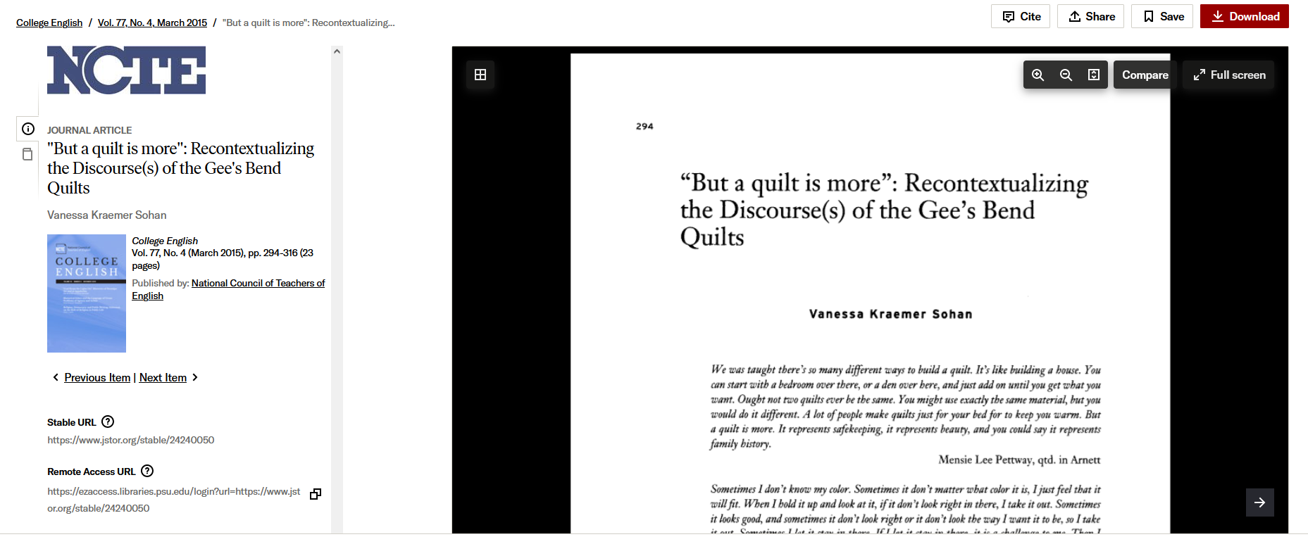 A screenshot of the article on JSTOR with details in the left pane and the PDF in the main/right hand pane
