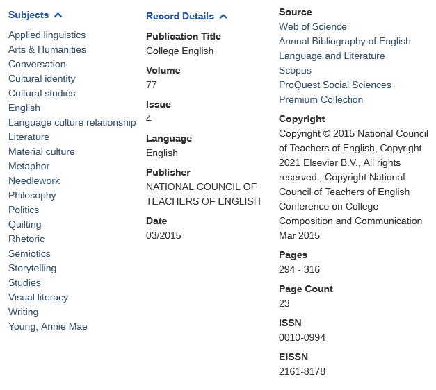 A composite screenshot of the record’s subjects and sources. Subjects are more academic and abstract including philosophy, semiotics, visual literacy, etc. Four different sources.
