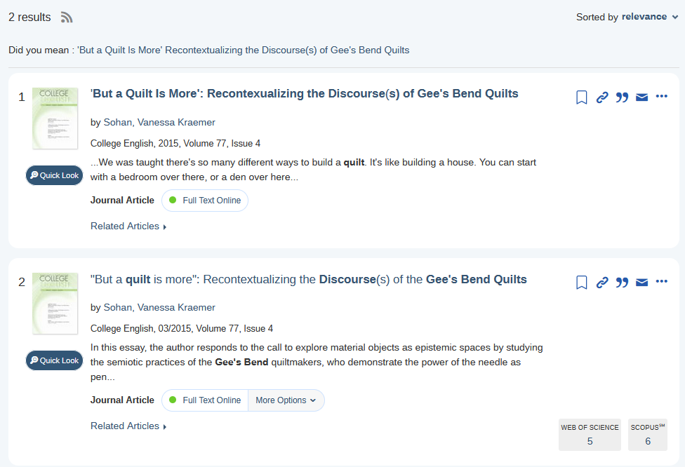 A screenshot showing two search results for the same article, one with an informal interview quote in the abstract and one with academic text from the introduction