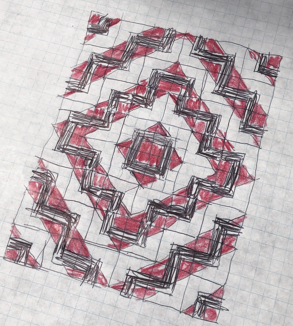 A sketch of the same quilt pattern photographed on an angle. It is made in colored pencil and pen with the red log cabin type shape and the jagged black skinny zigzag along it. The cream is represented by an uncolored background.