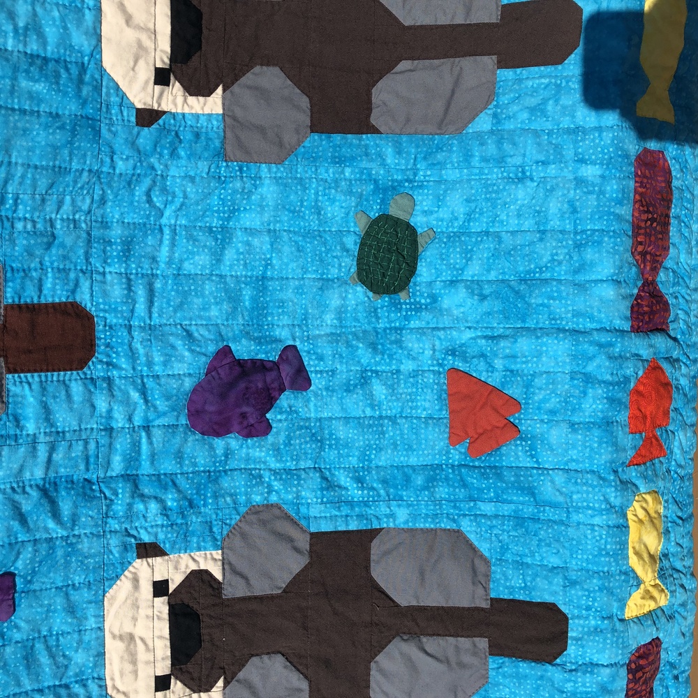 A closeup showing the applique fish and turtle. You can see the embroidery making a shell on the turtle