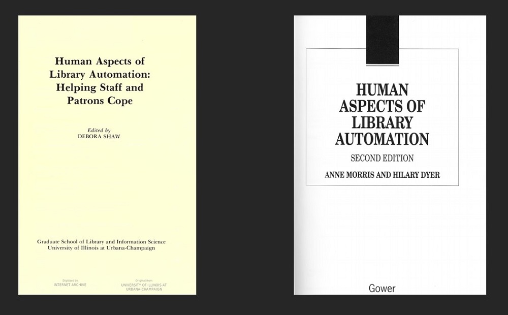 Two side by side title pages for different books called Human Aspects of LIbrary Automation