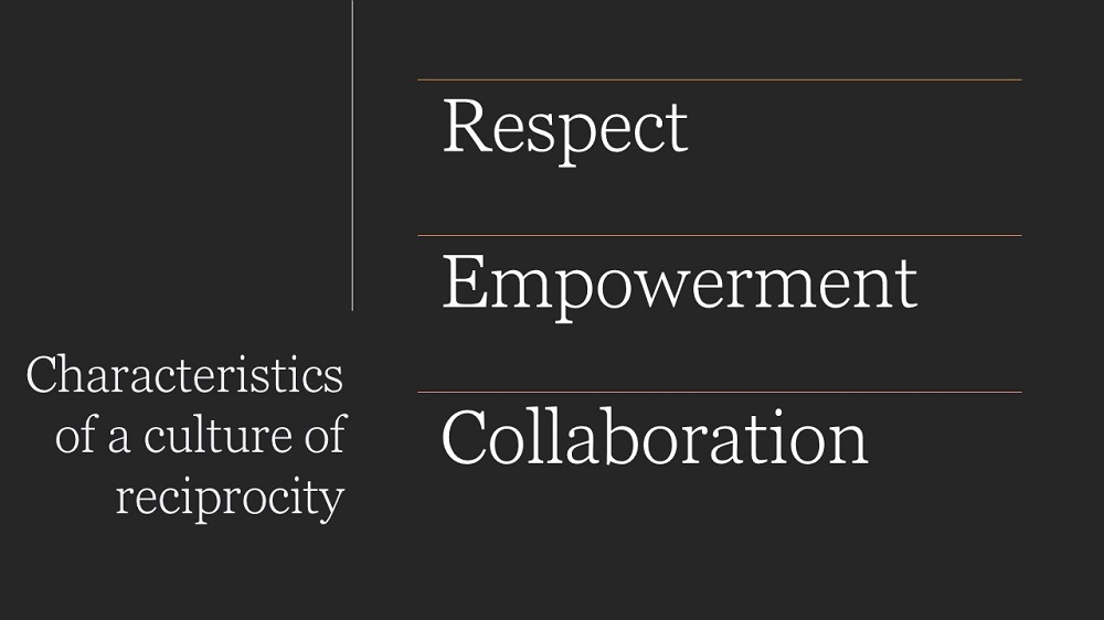 A slide that says characteristics of a culture of reciprocity and lists respect, empowerment, and collaboration.