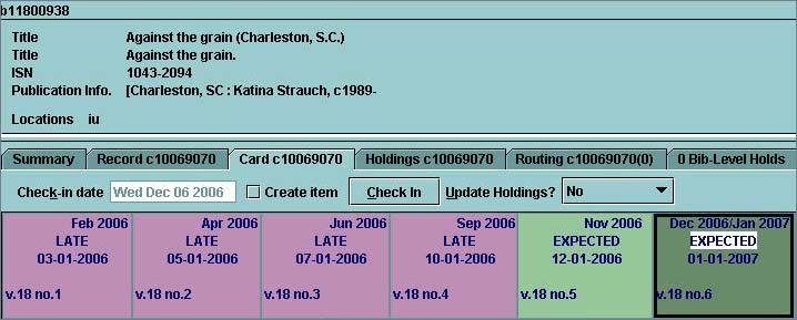 Screenshot of the Millennium serials checkin interface showing late and expected items with dates and issue numbers