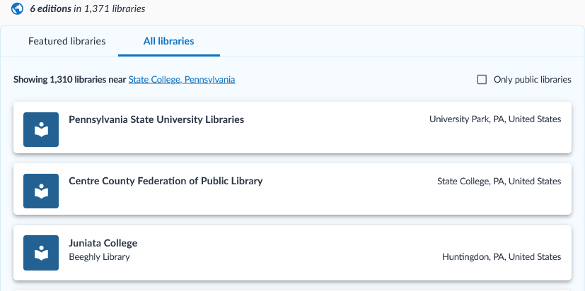 A screenshow which shows a list of all libraries but the list can’t be clicked or in any way acted upon. It’s just institution name and city name.