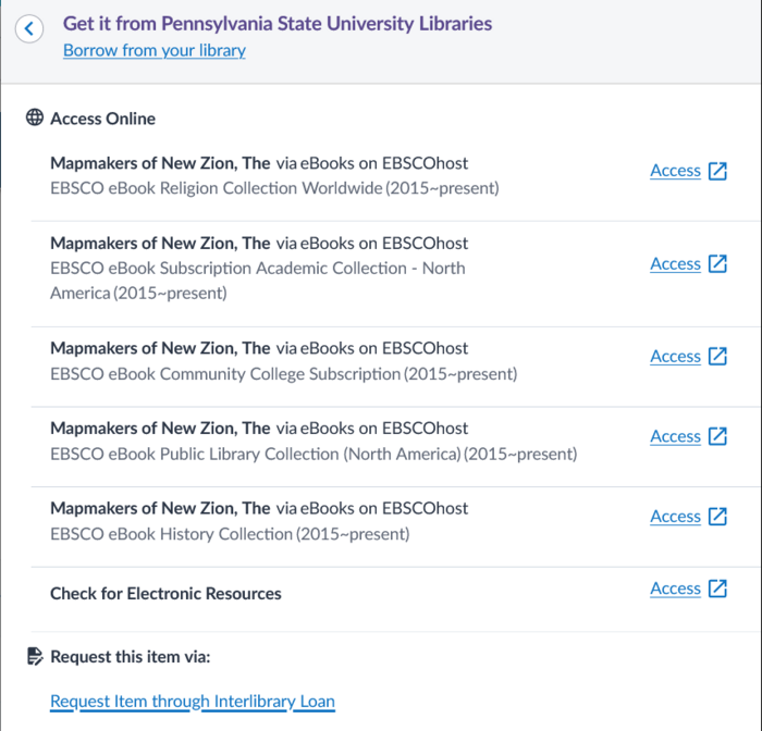 A screenshot showing many links from packages for one book including community college and public library deals