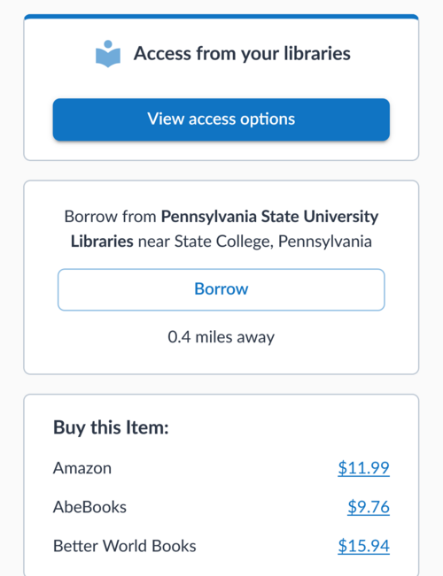 A screenshot showing a set of options layered on top of each other, access, borrow, and buy. They lay out nicely and fill the screen.