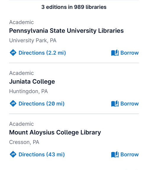 Screenshot of library listings. The library type is up top followed by name, town, a link to directions and a link to borrow