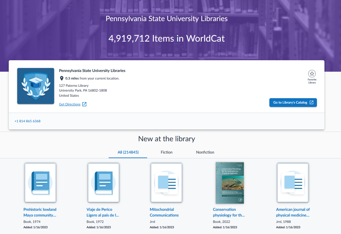 Screenshot of a page with a lot of space taken up by Penn State’s name and info, a link to our catalog, then little thumbnails of the most recent books at the time but no search box