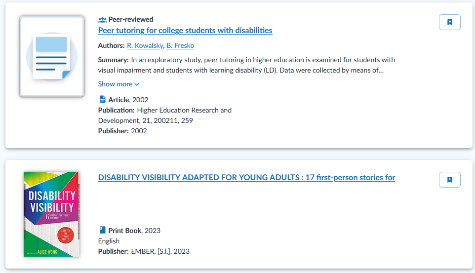 A screenshot of a 2022 article on peer tutoring for college students with disabilities sorted above a 2023 edition of Disability Visibility