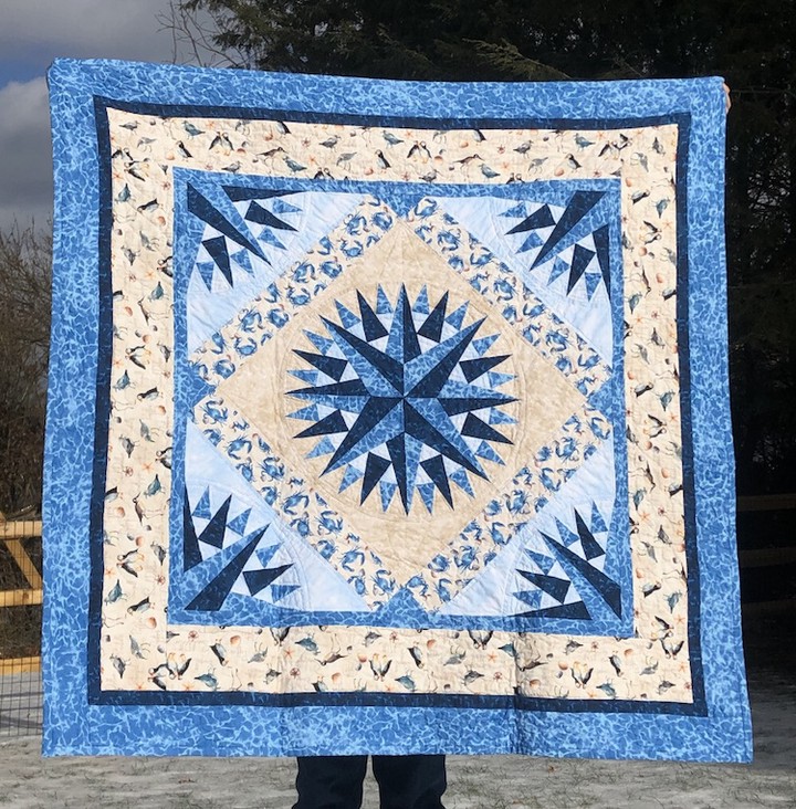 A quilt done in the Mariner's compass pattern. The center compass has medium and dark blues in a couple of layers. The overall pattern is mostly medium and light blues and creams with dark blue accents.